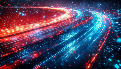 Fototapeta premium Futuristic cityscape with glowing streaks of light and digital data motion