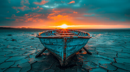 Fototapeta premium Abandoned boat on cracked seabed during vibrant sunset