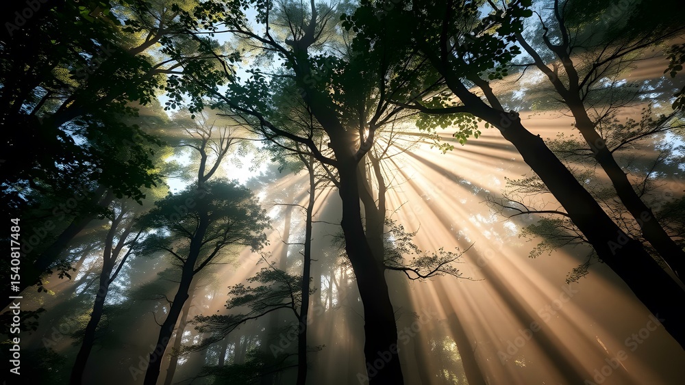 Poster captivating sunlight beams filter through a tranquil forest, creating a serene and mystical atmosphe