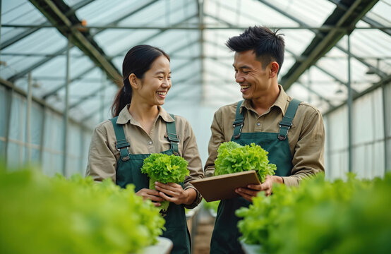 Joyful Asian farmers harvest fresh green lettuce at hydroponic greenhouse farm. Male female agriculturists teamwork discuss harvest quality. Modern eco food production tech, salad growing, health,