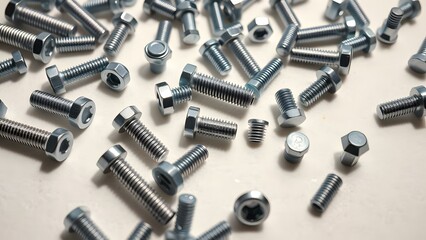 A diverse collection of metallic bolts and screws arranged on a neutral surface, showcasing craftsmanship and utility.