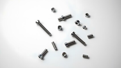 Various metallic fasteners including bolts and nuts arranged on a light surface for industrial or repair themes.