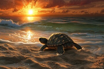 Baby turtle begins journey towards ocean at sunrise on sandy beach, Baby turtle making journey towards the ocean sunrise