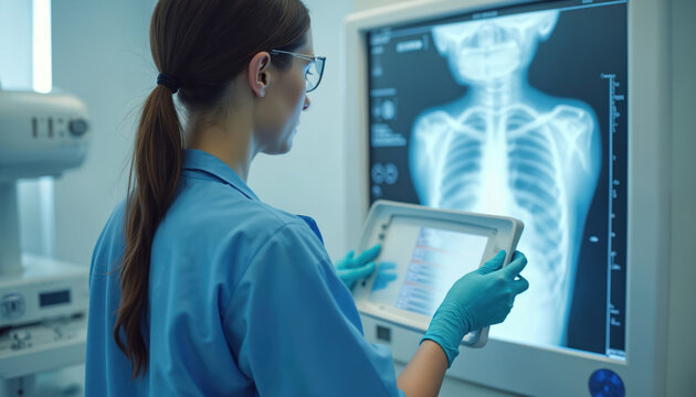 Radiologic technologist checks X-ray image on computer. Medical pro reviews patient scan in hospital lab. Woman in scrubs analyzes diagnostic results, healthcare worker examines radiography for - Powered by Adobe
