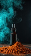 Dark glass dropper bottle in brown powder with teal smoke