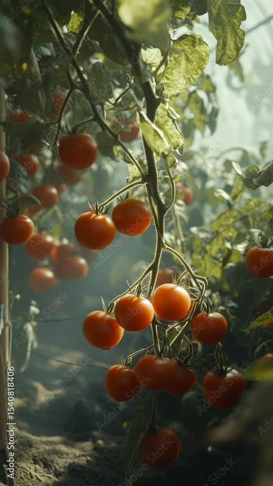 Poster a picture of ripe tomatoes hanging from a tree branch