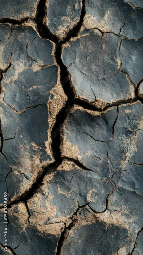 Poster a close-up shot of a cracked and dry soil surface, suitable for use in editorial or educational cont