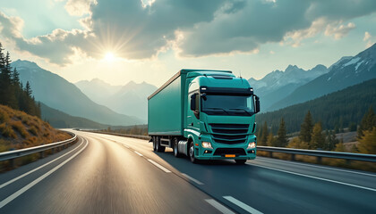 Semi-truck drives on highway. Road freight delivery concept. Trucking vehicle carries cargo across mountain range landscape. Digital logistics tech transports goods. Modern transportation industry.