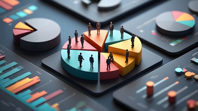 Colorful pie charts display market segmentation analysis. Demographic icons represent various customer groups within distinct market sectors. Data visualization tech clearly shows consumer behavior