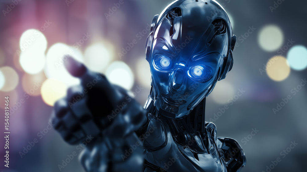 Aufkleber futuristic humanoid robot with glowing eyes pointing directly at the viewer.