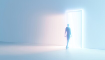 Fototapeta premium The Blurred Man Steps Into The Future Door: A Journey Towards The Metaverse, New Technology, Web3.0, Blockchain And The Next Internet Layer. Futuristic Vibes Abound.