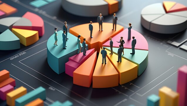 Colorful pie charts display market segmentation analysis. Demographic icons represent various customer groups within distinct market sectors. Data visualization tech clearly shows consumer behavior