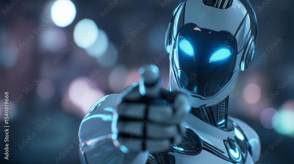 Poster futuristic humanoid robot with glowing eyes pointing directly at the viewer.