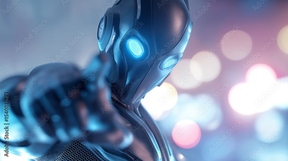 Poster futuristic humanoid robot with glowing eyes pointing directly at the viewer.