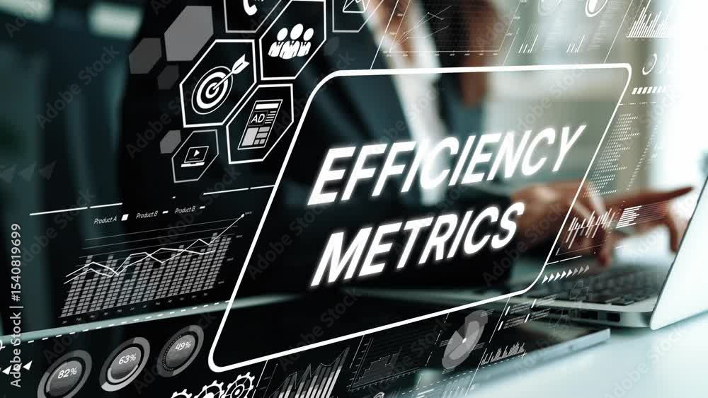 Poster business professional analyzing efficiency metrics displayed on laptop with graphs and icons in mode