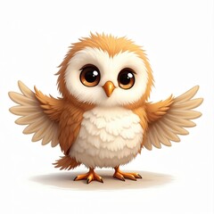 Fototapeta premium Adorable fluffy owl illustration spreads wings. Cartoon character has big eyes, soft feather texture. Cute baby bird animal. Welcoming gesture for greeting card design, kid book cover.