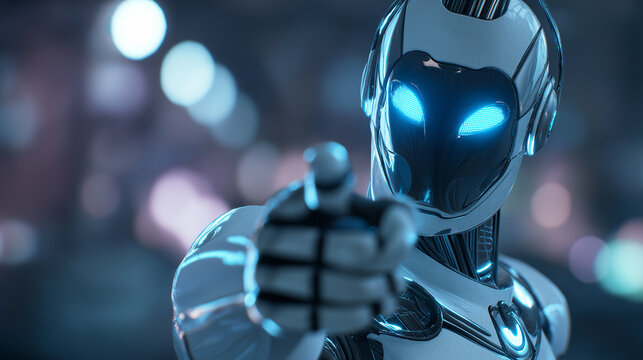 Futuristic humanoid robot with glowing eyes pointing directly at the viewer.
