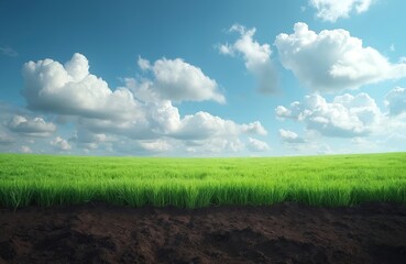 Vivid green field under blue sky with white clouds. Fresh grass grows on fertile soil. Serene rural landscape, ideal for eco-conscious projects, farming, spring, nature, environment.