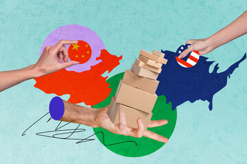 Trend artwork collage template composite sketch of hand hold pile box asia america map trade war...