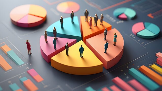 Colorful pie charts display market segmentation analysis. Demographic icons represent various customer groups within distinct market sectors. Data visualization tech clearly shows consumer behavior