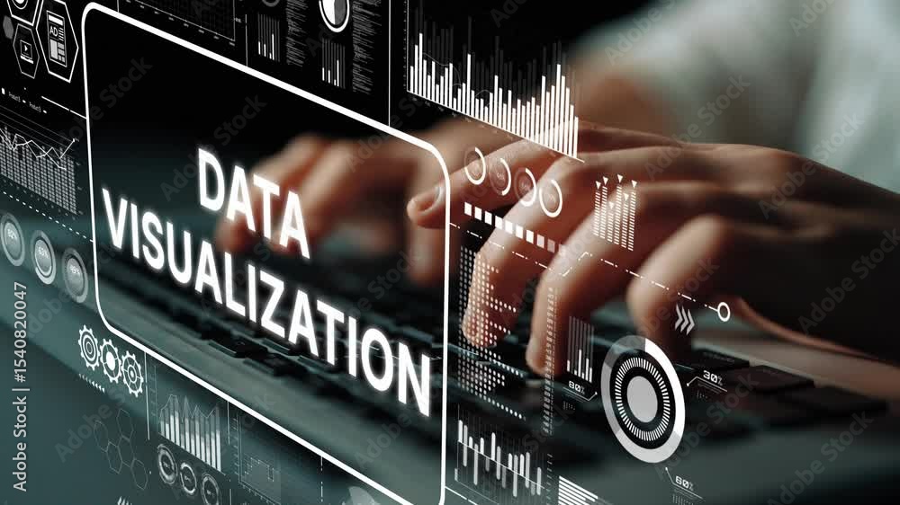 Fototapete Hands Typing on Keyboard with Data Visualization Graphics and Digital Charts in Modern Workspace. Asymptotic smart data analytic.