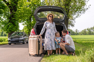 Couple travel car. Outdoor journey road trip. Vehicle love countryside together.
