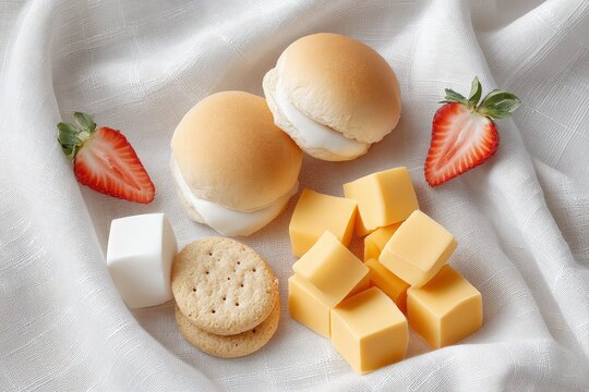 Assorted cheese and biscuits with strawberries on white fabric background