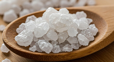 Close-up of coarse salt crystals on wooden spoon, macro kitchen ingredient with mineral texture and detail