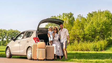 Car trip. Family vacation road adventure. People grass luggage travel.