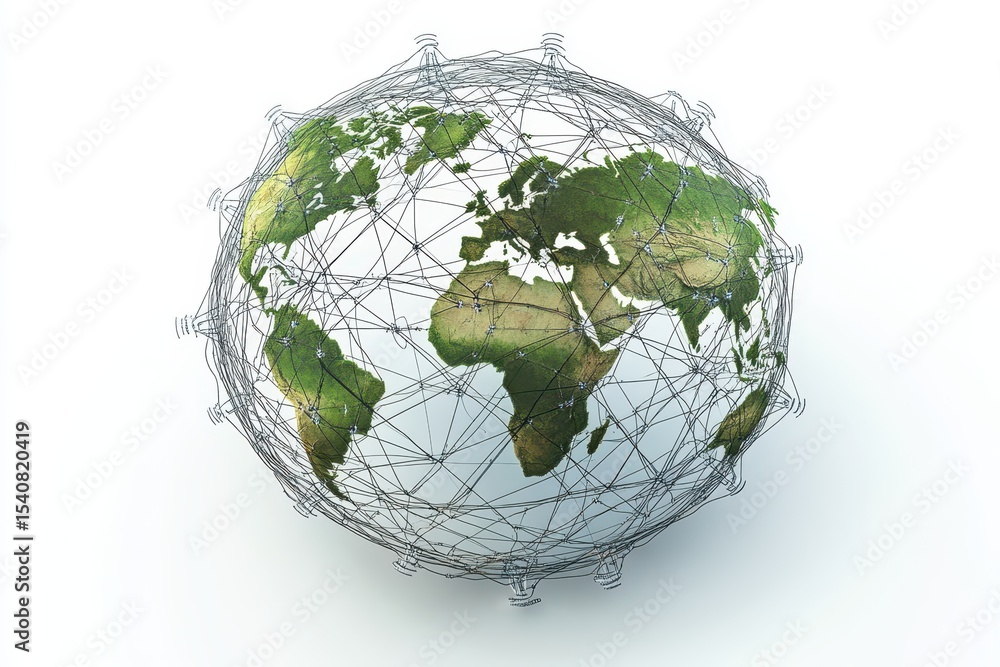 Poster global network connecting data streams across continents in technology landscape, network of connect