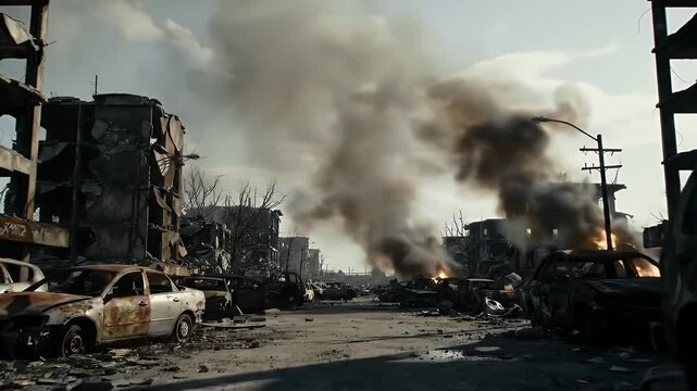 Post apocalyptic desolate street scene with damaged cars and smoke filled gray sky