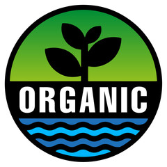 Organic vector logo with leaf, circle with organic logo and leaves, simple organic button with water.