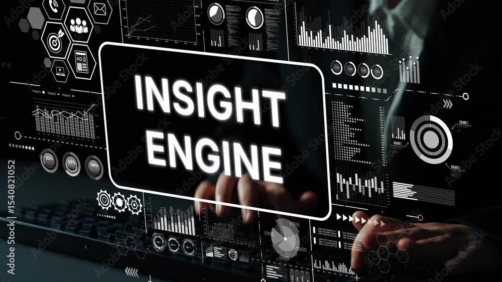 Poster professional analyzing data with insight engine conceptual visualization of business intelligence in