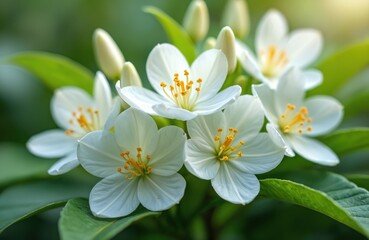 Fototapeta premium White flowers bloom among rich green leaves. Natural outdoor scene. Flowers feature delicate petals, vibrant colors. Green foliage creates refreshing nature atmosphere. Peaceful serene garden evokes