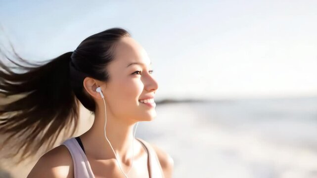 An asian female jogger smiles while running along sunny coastline with earphones and water bottle. Concept of healthy lifestyle and joyful fitness.

