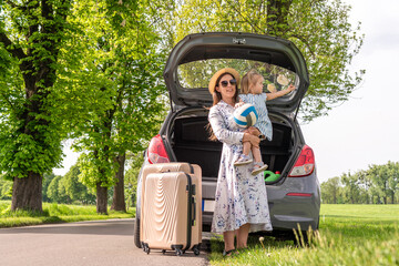 Couple travel car. Outdoor journey road trip. Vehicle love countryside together.