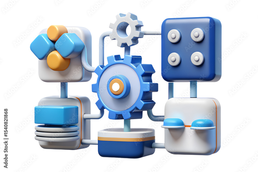 Aufkleber 3d render of interconnected system modules and gears representing business workflow and technology