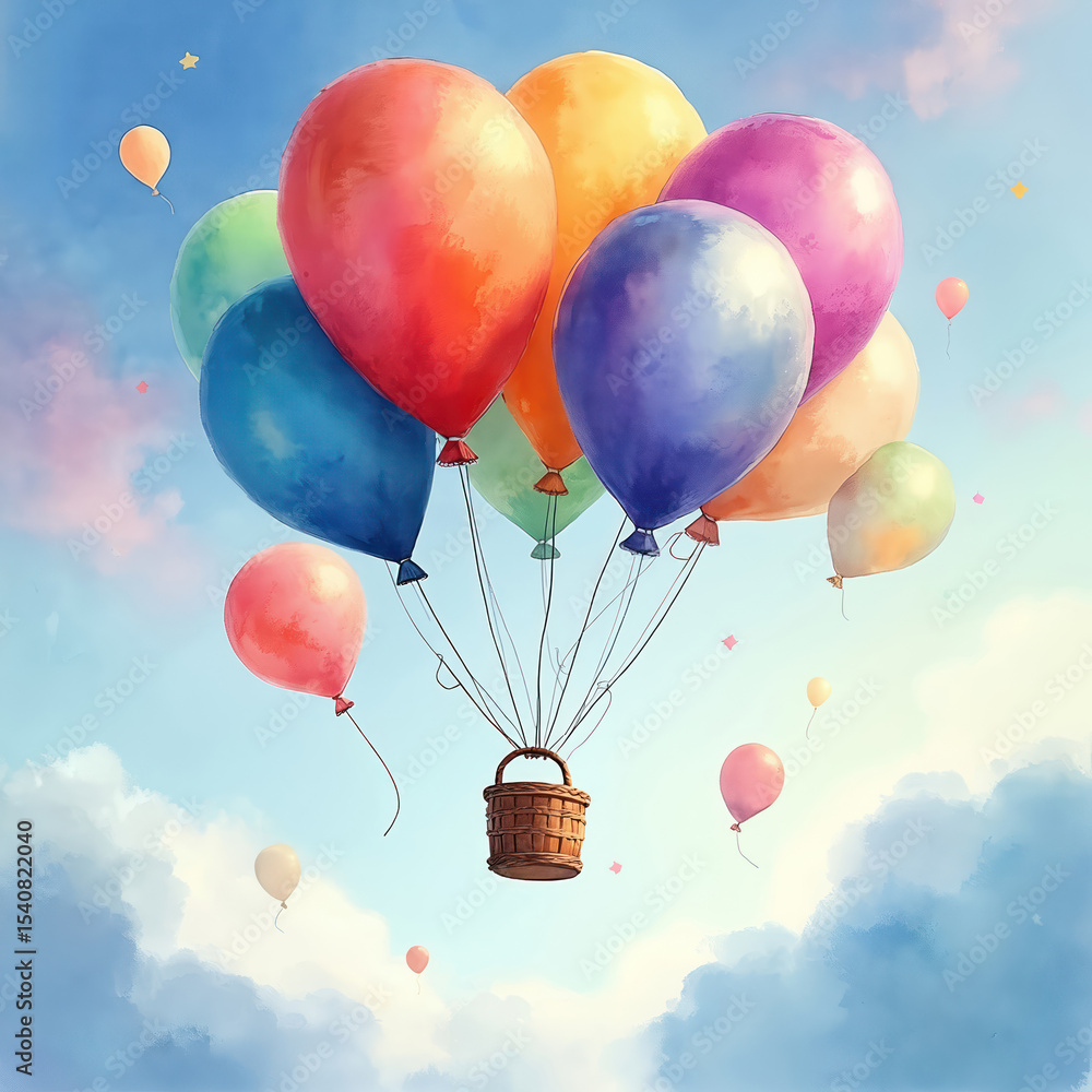 Poster colorful balloons float high in the sky. multicolored balloons on blue sky background with clouds. c