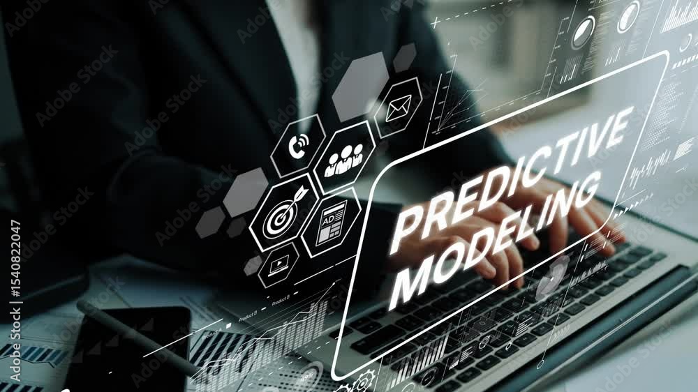 Poster business professional engaging in predictive modeling with advanced data analysis techniques and tec