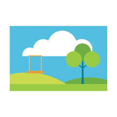 Fototapeta premium Cloud computing concept with green summer landscape and trees on a sunny day