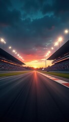 Obraz premium A captivating sunset view over a racing track, illuminated with vibrant lights, perfect for sports and automotive themes.
