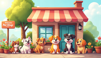 Cartoon dogs gathering in front of pet shop on sunny day. Cheerful puppies, colorful flowers, welcome sign create friendly atmosphere. Illustration captures happiness, companionship, playful mood for