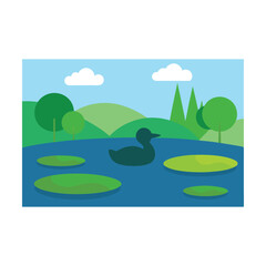 Obraz premium Nature landscape illustration with trees, river, lake, mountains, and green fields under a summer sky with clouds