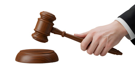 Hand Holding Wooden Gavel Above Sound Block Against Black Background