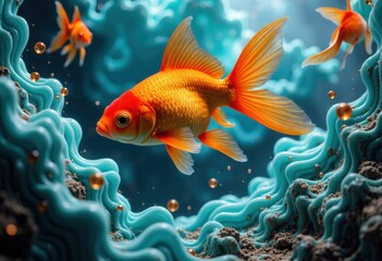 Vibrant orange goldfish swimming among colorful coral and aquatic plants in an underwater scene