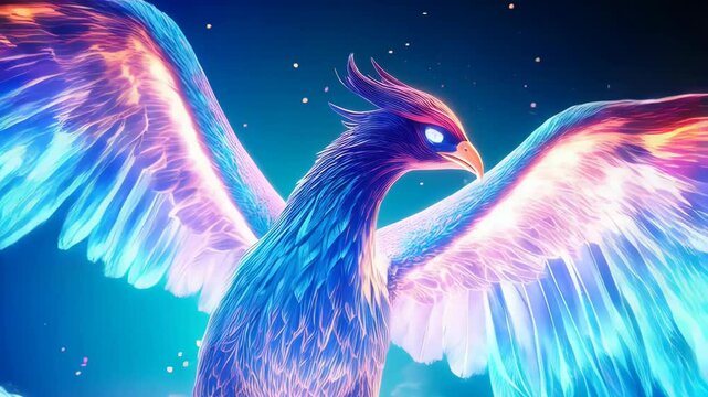 Majestic phoenix bird soaring in vibrant colors with flames, magical and fantastical, on a dark background