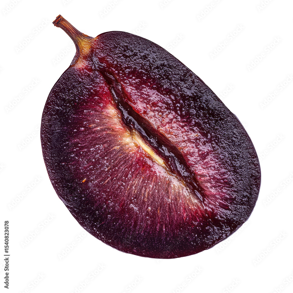 Poster prune slice showcasing rich color and texture on transparent background for culinary and nutritional