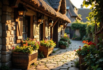 Fototapeta premium Charming rustic cottage with flower-filled planters along a cobblestone path in warm sunlight