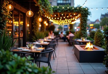 Cozy outdoor restaurant patio illuminated with warm string lights and modern fire pit