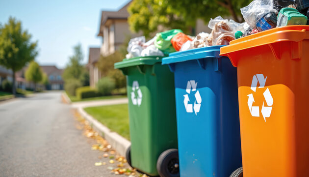Recycling bins filled with sorted waste, emphasizing role proper waste management. Focus on reducing environmental pollution. Color-coded bins show waste separation, collection, disposal, community